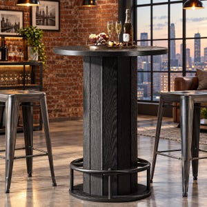 May include: A tall, round, black wooden bar table with a vertical plank pedestal base and a circular metal footrest. Two industrial-style metallic gray bar stools with four legs and a square seat are positioned on either side of the table.