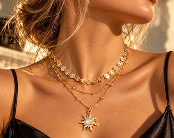 Gold Layered Sunburst Necklace Set, Disc Choker Satellite Chain Opal Sun Pendant, Celestial Boho Beach Vacation Jewelry Gift for Her