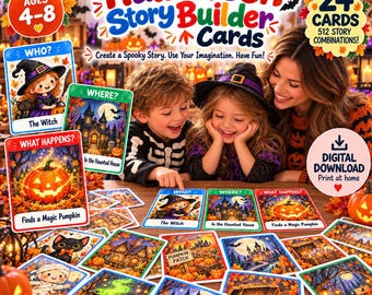 Puede incluir: Set de cartas Halloween Story Builder con 24 tarjetas ilustradas de brujas, casas encantadas y calabazas. Las cartas incluyen etiquetas como Quién, Dónde y Qué sucede para crear historias. Incluye una opción de descarga digital.