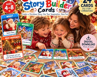 Puede incluir: Set de cartas Christmas Story Builder con 24 tarjetas ilustradas para crear historias. El empaque muestra el título, rango de edad 4-8 años y 512 combinaciones. Incluye un icono de descarga digital y varias tarjetas de escenas festivas.