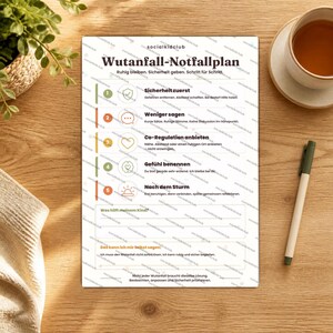 May include: A white informational sheet titled Wutanfall-Notfallplan with five numbered steps, icons, and German text. The document includes sections for notes on child support and self-affirmation, featuring a repeating watermark pattern.