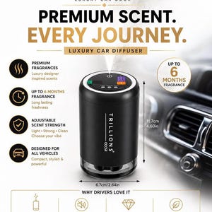 May include: A black cylindrical car diffuser by Trillions with a digital display on top, measuring 11.7cm in height and 6.7cm in width. The device features adjustable scent settings, automatic diffusion, and claims up to 6 months of fragrance.