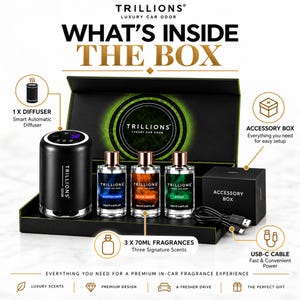Könnte beinhalten: Ein Trillions Luxus-Autoduft-Set in einer schwarzen Box mit einem schwarzen, intelligenten automatischen Diffusor, drei 70-ml-Duftflaschen mit den Aufschriften Phantom Suede, Black Badge und Ghost, einer Zubehörbox und einem schwarzen USB-C-Kabel.