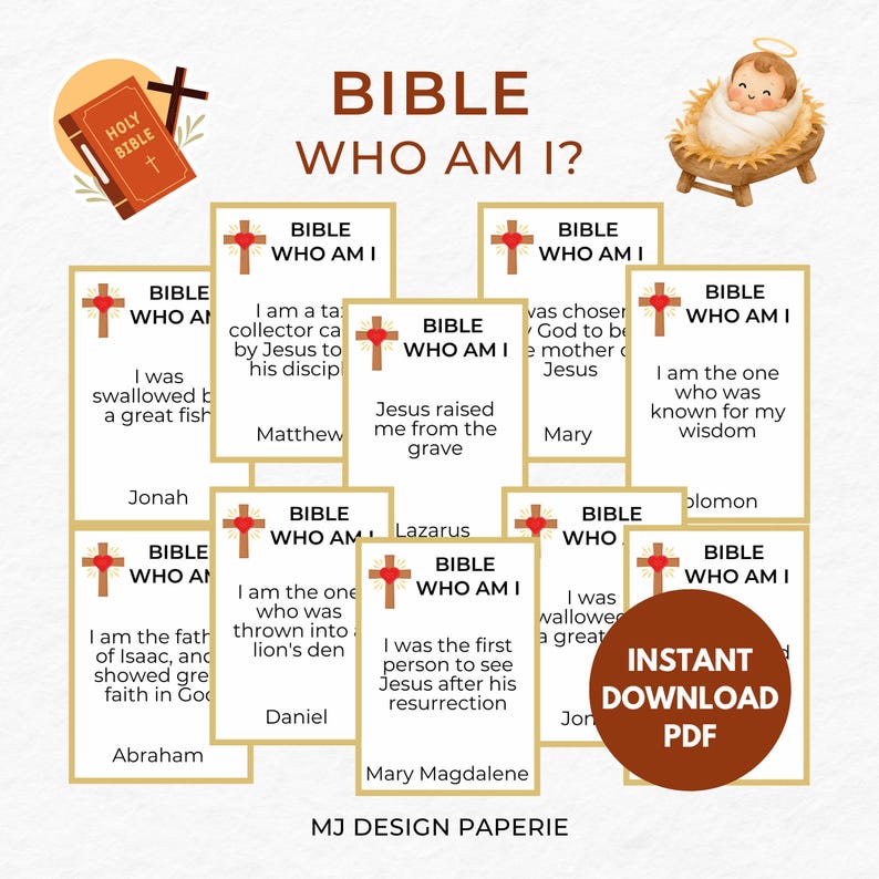Bibel-Wer-bin-ich-Spiel, Bibel-Quiz zum Ausdrucken für Kinder, lustige