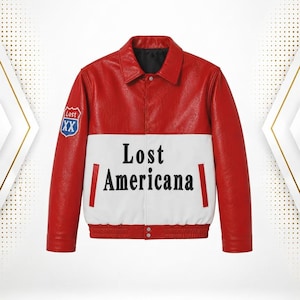 May include: A red and white jacket featuring a fold-down collar, long sleeves, and a ribbed hem. The front displays the text "Lost Americana" in black lettering. A shield-shaped patch on the right chest reads "Lost XX" in white and blue.