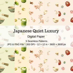 以下が含まれることがあります： 抹茶ボウル、竹製茶筅、抹茶ラテ、桜、達磨のイラストが描かれた5つのシームレスパターンを含むデジタルペーパーコレクション。テキスト：Japanese Quiet Luxury Digital Paper 5 Seamless Patterns JPG & PNG File 300 DPI 12 x 12 in 3600 x 3600 px。