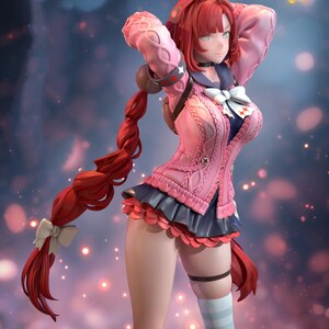 May include: A collectible anime-style figurine featuring a character with long red hair in a braided ponytail, wearing a pink cable-knit cardigan over a dark blue sailor-style top, a dark pleated skirt, and one light blue striped thigh-high sock.