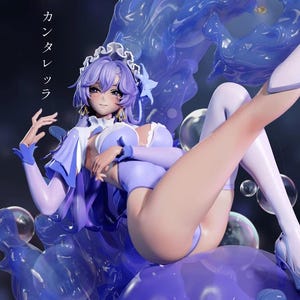 May include: A purple-haired anime-style figurine wearing a light purple bodysuit, white frilled headpiece, and gloves, surrounded by translucent blue liquid and bubbles. The Japanese text "カンタレラ" is visible on the left side of the figure.