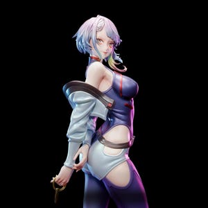 May include: A collectible anime-style figurine featuring a character with short, light purple hair, wearing a dark blue and white bodysuit with cutouts, a light blue jacket draped off the shoulders, and holding a small gold-colored key in one hand.