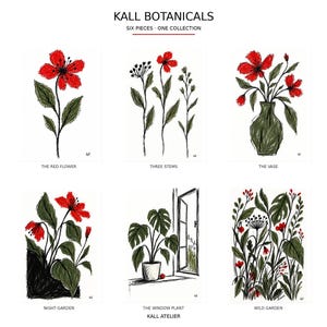 May include: A collection of six botanical illustrations titled KALL BOTANICALS SIX PIECES ONE COLLECTION. The prints feature red flowers and green foliage in various arrangements including a vase, a window plant, and garden scenes with text labels.