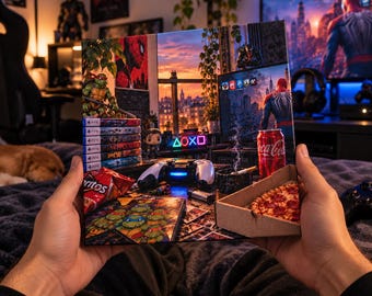May include: A rectangular print featuring a detailed gaming room scene with a sunset view, a stack of PS5 game cases, a controller, a Coca-Cola can, a slice of pepperoni pizza in a cardboard box, a bag of Doritos, and a Teenage Mutant Ninja Turtles board.