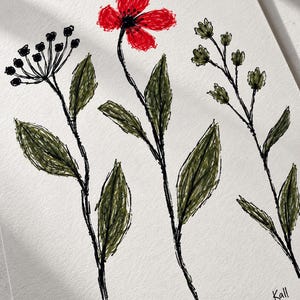 May include: A drawing on white paper featuring three botanical stems with dark green leaves and black outlines. The center stem has a single bright red flower. The left stem ends in a cluster of black berries, and the right stem has small buds. The text Kall is visible in the bottom right corner.