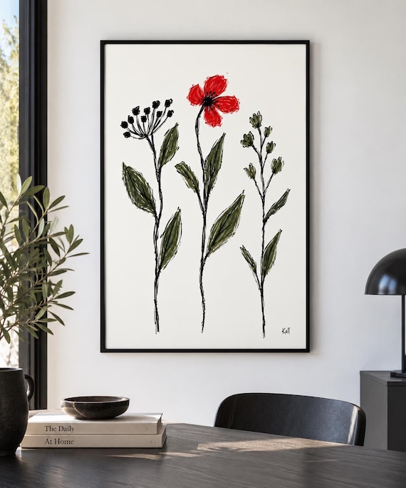 Hand Drawn Red Flower Botanical Print, Three Stems Floral Art (240gsm Paper)