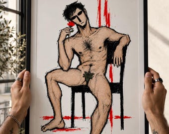 May include: A framed art print featuring a sketch of a seated figure with dark hair, holding a small red rose. The figure is rendered in black ink lines with a green leaf covering the groin area, set against a white background with red accents.