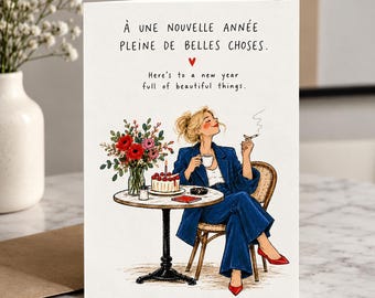 May include: A greeting card featuring an illustration of a person in a blue suit sitting at a round table with a cake, flowers, and a cigarette. The text reads: À UNE NOUVELLE ANNÉE PLEINE DE BELLES CHOSES. Here's to a new year full of beautiful things.