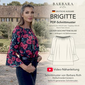 BRIGITTE Bluse PDF-Schnittmuster: Rüschenausschnitt, ausgestellte Ärmel, Größen 32–50, deutsche Ausgabe