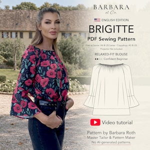 BRIGITTE Blouse PDF Sewing Pattern: Ruffle Neckline, Flared Sleeves, US 0-18, English