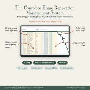 Può includere: Il sistema di gestione per la ristrutturazione della casa è uno strumento digitale che include un foglio di calcolo per il programma del progetto con grafici a barre automatizzati, 65 attività e tracciamento dinamico delle date. Include 11 file, 8 fogli di calcolo intelligenti e 3 guide.