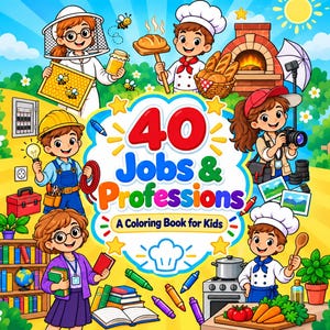 Puede incluir: Una colorida portada de libro para colorear titulada 40 Jobs & Professions A Coloring Book for Kids. La ilustración muestra varios personajes en diferentes roles, incluyendo un apicultor, un panadero, un fotógrafo y un maestro.
