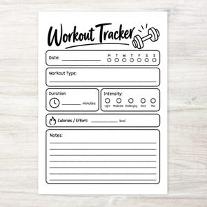 Könnte beinhalten: Ein weißes Trainingsprotokoll-Blatt aus Papier mit schwarzem Text und Grafiken. Die Überschrift lautet Workout Tracker mit einem Hantelsymbol. Die Abschnitte enthalten Felder für Datum, Wochentag, Trainingsart, Dauer in Minuten, Intensitätsstufen, Kalorien und Notizen.