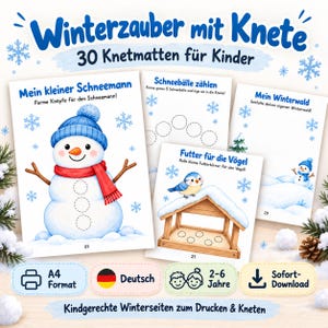 Puede incluir: Un conjunto de 30 tapetes de plastilina imprimibles con temas invernales como un muñeco de nieve, conteo de bolas de nieve, un comedero para pájaros y un bosque. Cada página incluye texto en alemán, copos de nieve y números.