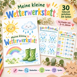 Może przedstawiać: Książka z ćwiczeniami dla dzieci zatytułowana Meine kleine Wetterwerkstatt z akwarelowymi ilustracjami uśmiechniętego słońca, chmury deszczowej, tęczy i zielonych kaloszy w kropki, zawierająca zadania z liczenia kropel deszczu.