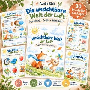 May include: A collection of printable A4 educational activity pages titled Die unsichtbare Welt der Luft, featuring illustrations of a fox and rabbit, science experiments, worksheets, and a certificate for children aged 3-6.