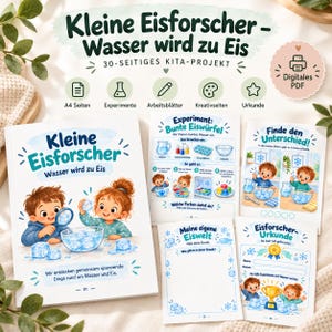 Può includere: Un progetto educativo digitale in PDF di 30 pagine intitolato Kleine Eisforscher - Wasser wird zu Eis, che include schede di attività illustrate, esperimenti scientifici, fogli di lavoro e un certificato per bambini su acqua e ghiaccio.