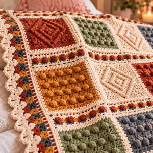 Puede incluir: Una manta de ganchillo hecha a mano con un mosaico de bloques cuadrados en naranja óxido, verde salvia, amarillo mostaza y azul pizarra. Cada cuadrado muestra texturas de punto bobble en relieve con patrones geométricos y borde festoneado.