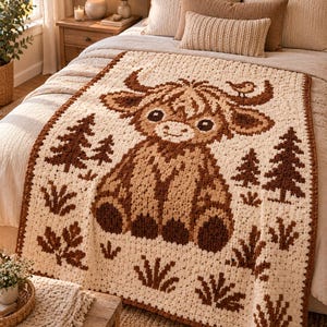 May include: A cream-colored crochet blanket featuring a large brown Highland cow motif in the center. The design includes dark brown pine trees, small tufts of grass, and a tiny bird perched on the cow's horn, all rendered in a textured yarn.