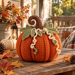 May include: A crocheted orange pumpkin featuring a dark brown curly stem, textured green leaves, and off-white tendrils. The pumpkin has a ribbed surface and is crafted with yarn, displaying a rounded shape with detailed stitching throughout the exterior.