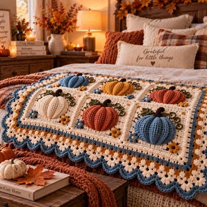 Puede incluir: Una manta rectangular de ganchillo con seis calabazas tridimensionales en relieve en tonos azul, naranja y crema. La manta tiene una base de color crema con un borde festoneado en azul y blanco, decorada con pequeñas flores de ganchillo.