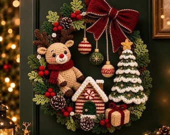 May include: A crocheted Christmas wreath featuring a beige reindeer with a red scarf, a gingerbread house, a green and white Christmas tree, a gift box, pinecones, red berries, and three hanging ornaments, all topped with a large dark red bow.
