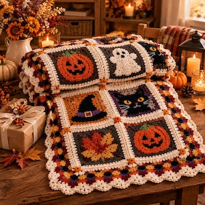 May include: A crocheted blanket featuring square panels with Halloween motifs including orange jack-o'-lanterns, a white ghost, a black cat, a purple-banded witch hat, and a yellow autumn leaf, all bordered by cream-colored yarn trim.