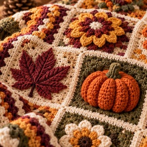 May include: A crochet blanket featuring a patchwork of squares with three-dimensional autumn motifs. The design includes dark red maple leaves, orange pumpkins, yellow sunflowers, and brown berries, all worked in cream, olive green, and deep burgundy yarn.