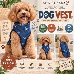 May include: A digital sewing pattern for a dog vest by Sew By Sada. The vest is dark blue with a white dachshund print and a black zipper. The image displays text including Dog Vest, sizes XXS-5XL, and icons for A0 and A4 files, instant download, and step-by-step instructions. A brown poodle is shown wearing the vest from the front and back.