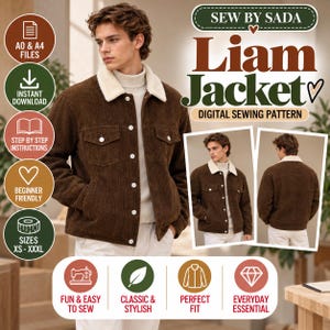 Könnte beinhalten: Eine braune Cordjacke mit weißem Sherpa-Kragen, Knopfleiste und zwei Brusttaschen. Das digitale Schnittmuster trägt den Titel SEW BY SADA Liam Jacket und enthält A0- und A4-Dateien, eine Schritt-für-Schritt-Anleitung sowie die Größen XS bis XXXL.