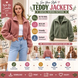 Mönster för teddyjacka | Beskuren fuskpälskappa i PDF-format | Mönster för sherpajacka | Mönster för dam XS-3XL | Nybörjarvänlig