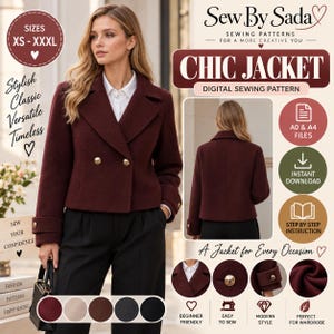 May include: A digital sewing pattern for a double-breasted jacket in a deep burgundy color. The pattern includes A0 and A4 files, step-by-step instructions, and is available in sizes XS to XXXL. The jacket features a notched collar and gold buttons.