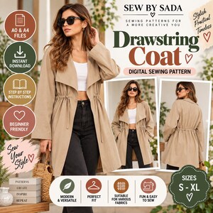 May include: A beige drawstring coat digital sewing pattern by Sew By Sada. The design features a wide lapel, long sleeves, and a cinched waist with drawstring ties. The pattern includes sizes S-XL, step-by-step instructions, and A0 and A4 files.