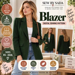 May include: A digital sewing pattern for a dark green blazer by Sew By Sada. The image displays the blazer on a person, with front and back views, alongside text indicating A0 and A4 files, instant download, step-by-step instructions, and sizes XS to XXXL.