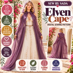 May include: A digital sewing pattern for an elven cape by Sew By Sada. The image displays a floor-length, sheer purple hooded cape with long, open sleeves worn over a cream-coloured gown with gold embroidery. Includes text labels for A0 and A4 files, instant download, step-by-step instructions, beginner friendly, and sizes XS to XXL.