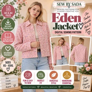 May include: A digital sewing pattern for the Eden Jacket by Sew By Sada, featuring a pink tweed-style jacket with a button-front closure and two front pockets. The pattern includes A0 and A4 files, step-by-step instructions, and sizes XS to XXXL.