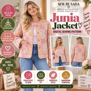 May include: A digital sewing pattern for the Junia Jacket, featuring a quilted floral print jacket with long sleeves, a round neckline, and front buttons. The image includes text labels for A0 and A4 files, instant download, step-by-step instructions, and sizes XS to XXXL.