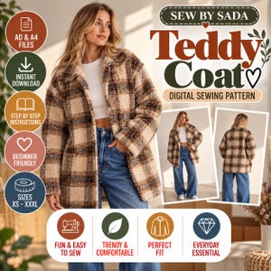 Könnte beinhalten: Ein digitales Schnittmuster für einen Teddy-Mantel von Sew By Sada. Das Bild zeigt einen karierten, flauschigen Mantel mit Knöpfen in Braun- und Cremetönen, getragen über einem weißen Oberteil und blauen Jeans. Enthält Text für AO- und A4-Dateien.