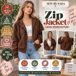 Może przedstawiać: Cyfrowy wykroj krawiecki na brązową kurtkę zapinaną na zamek z kapturem. Obraz zawiera tekst SEW BY SADA, Zip Jacket oraz DIGITAL SEWING PATTERN. Zawiera ikony plików A0 i A4, natychmiastowe pobieranie, instrukcje krok po kroku oraz rozmiary XS-XXXL.