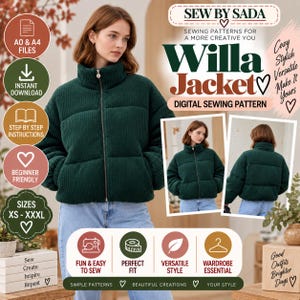 Peut inclure: Un patron de couture numérique pour la veste Willa de Sew By Sada. L'image montre une veste matelassée vert foncé à col montant avec une fermeture éclair frontale. Elle inclut du texte pour les fichiers A0 et A4, téléchargement instantané, instructions étape par étape et tailles XS à XXXL. Le modèle est présenté de face et de dos.