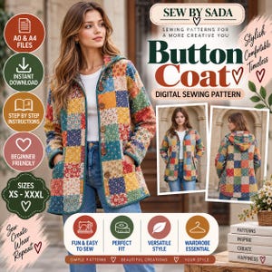 May include: A digital sewing pattern for a button coat featuring a patchwork design with floral and geometric squares in red, blue, yellow, and green. The coat has a hood, long sleeves, and a front button closure. Text includes Sew By Sada.