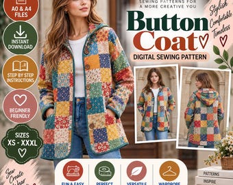 Nähschnittmuster für einen gesteppten Mantel mit Knöpfen | PDF-Schnittmuster für eine Kapuzenjacke | Nähschnittmuster für einen Patchworkmantel | Gesteppte Damenjacke | Digitaler Download
