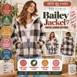 May include: A digital sewing pattern for the Bailey Jacket by Sew By Sada, featuring a hooded, zip-up jacket with a black and cream buffalo plaid pattern. The pattern includes A0 and A4 files, step-by-step instructions, and sizes XS to XXXL.